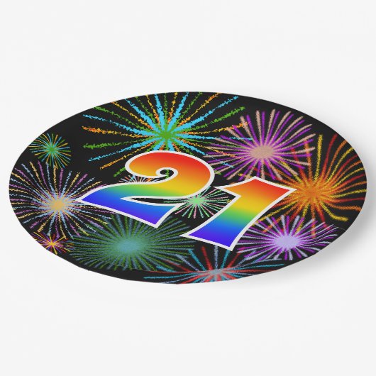 21. Veranstaltung - Spaß, farbenfroh, kühl, Regenb Pappteller (Schrägansicht)