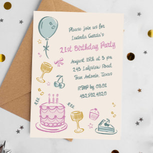21. Whimsical Doodle Hand Drawn Geburtstagsparty Einladung