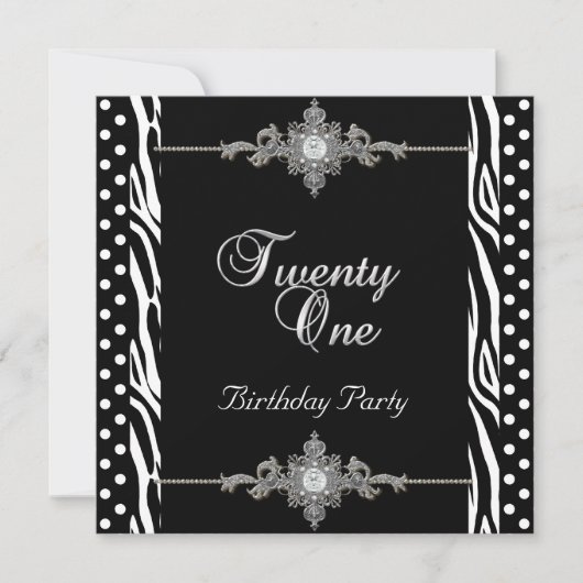 21. Zebra Silver White Black Spot Diamond Einladung (Vorderseite)