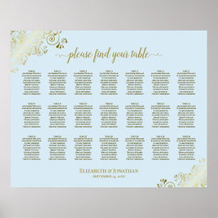 21er Tisch Hochzeit Sitzplan Puderblau und Gold Poster