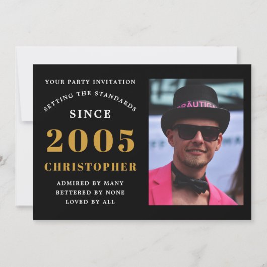 21st Birthday 2005 Black Gold Personalized Photo Einladung (Vorderseite)