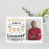 21st Birthday 2005 Legend White & Gold Photo Einladung (Stehend Vorderseite)