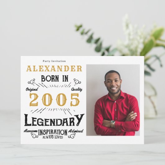 21st Birthday 2005 Legend White & Gold Photo Einladung (Stehend Vorderseite)