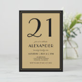 21st Birthday Adult Black and Gold Modern Minimal Einladung (Stehend Vorderseite)