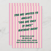 21st Birthday Bash Pink Green Retro Stripes Party Einladung (Vorne/Hinten)