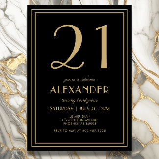 21st Birthday Black and Gold Modern Minimal Adult Einladung