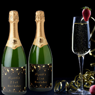 21st birthday black gold stars modern elegant schaumweinetikett