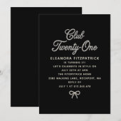 21st Birthday Black White Pearl Script Bow Einladung (Vorne/Hinten)