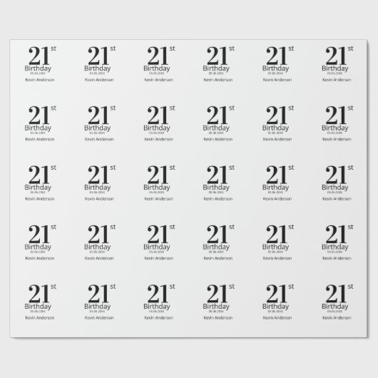 21st birthday bold letter name date simple man boy geschenkpapier (Flach)