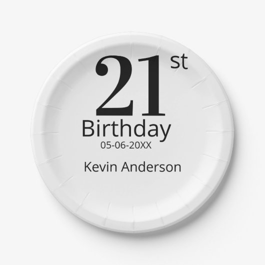 21st birthday bold letter name date simple man boy pappteller (Vorderseite)