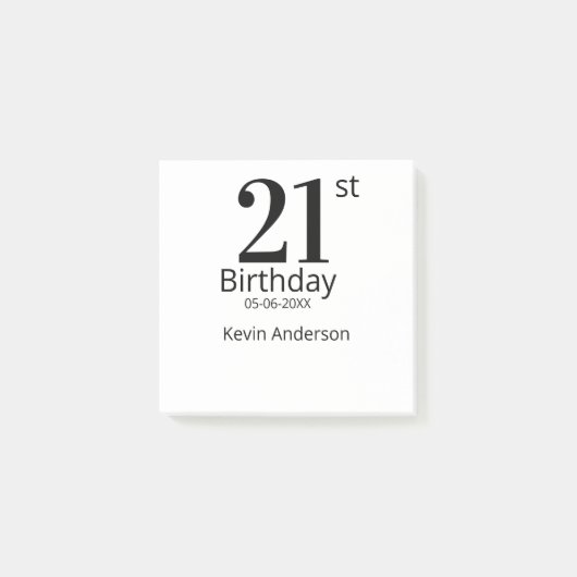 21st birthday bold letter name date simple man boy post-it klebezettel (Vorderseite)
