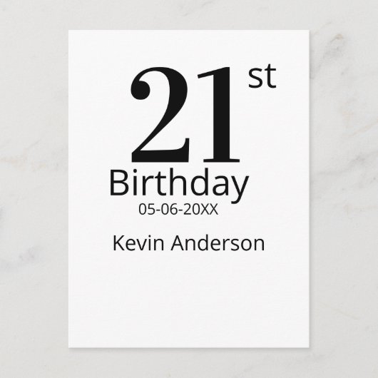21st birthday bold letter name date simple man boy postkarte (Vorderseite)