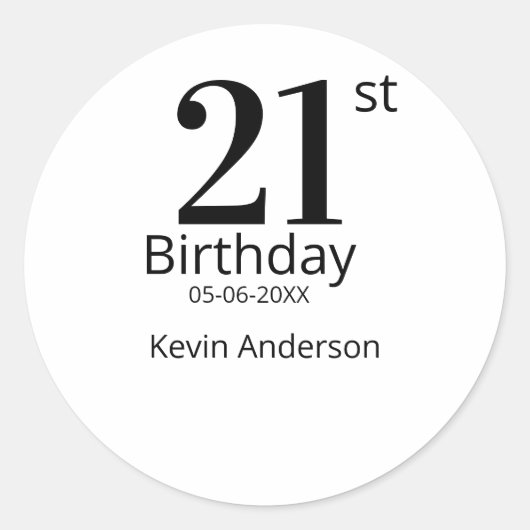 21st birthday bold letter name date simple man boy runder aufkleber (Vorderseite)