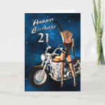 21st Birthday card with a motorbike Karte<br><div class="desc">A girl posing with a big chopper,  a great birthday card for you to send</div>