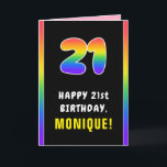 21st Birthday: Colorful Rainbow # 21, Custom Name Karte<br><div class="desc">This vibrant and bold birthday-themed greeting card design features the number “21“ with a multicolored rainbow spectrum inspired gradient pattern, along with the message “HAPPY 21st BIRTHDAY, ”, and a custom recipient name. The inside has a customizable birthday greeting message, or could perhaps be cleared and left blank if a...</div>