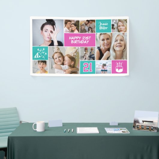 21st Birthday Custom Photo Collage Aqua Pink Banner (Messeveranstaltung)