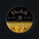 21st birthday elegant gold bow with ribbon black button<br><div class="desc">Elegant,  classic,  glamorous and feminine.  A gold colored bow and ribbon with golden glitter and sparkle,  a bit of bling and luxury for a 21st birthday party.  Black background. Templates for her name,  age 21,  date of birth and anniversary date.</div>