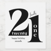 21st Birthday Elegant Typography Black White Party Weinetikett (Einzelnes Label)