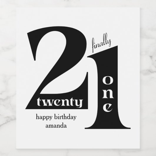 21st Birthday Elegant Typography Black White Party Weinetikett (Einzelnes Label)