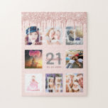 21st Birthday Glitter Drips Foto Rose Gold Pink Puzzle<br><div class="desc">Glamorous and unique 21st birthday gift or keepsake, celebrating her life with a leime of 8 of your fotos. Personalize and add a name, Alter 21 und Datum. Gray and dark rose gold colored letters. Elegant and trendy blush pink background color. Decorated with rose gold colored Glitter Drips. The text:...</div>