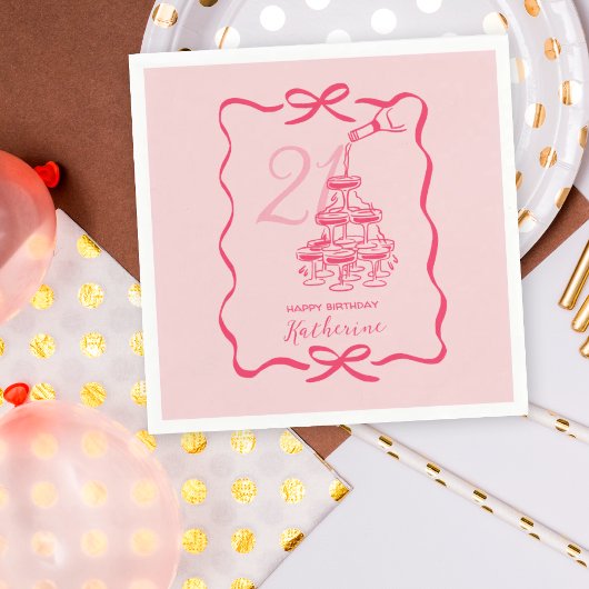 21st Birthday Hand Drawn Pink Champagne Napkins Serviette