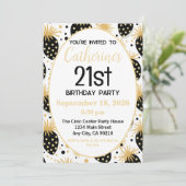21st Birthday Invitation, Gold & Black Strawberry Einladung (Stehend Vorderseite)