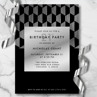 21st Birthday Modern Black Faux Silver Foil Einladung
