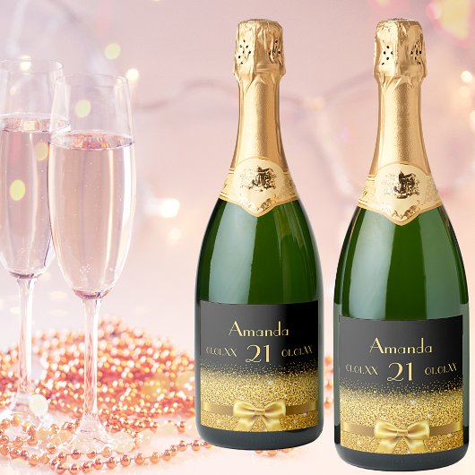 21st birthday party black gold name chic schaumweinetikett