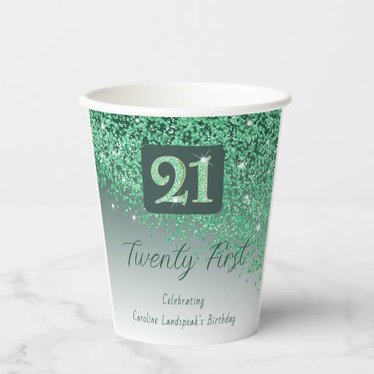 21st Birthday Party Gleaming Green Glitter Pappbecher (Vorderseite)