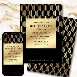 21st Birthday Party Modern Black and Gold Foil Einladung