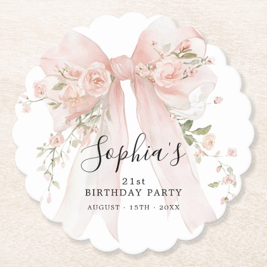 21st Birthday Party Pink Bow with Roses Untersetzer (Vorderseite)