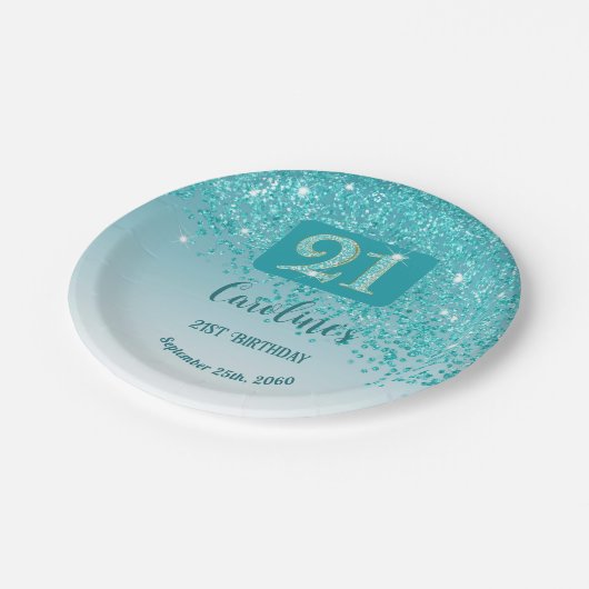 21st Birthday Party Sparkle Teal Blue Glitter Pappteller (Schrägansicht)