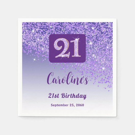 21st Birthday Party Sparkling Purple Glitter Serviette (Vorderseite)
