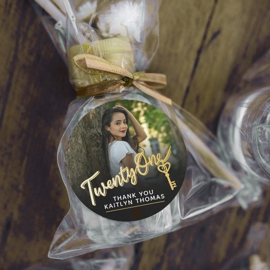 21st Birthday photo script gold effect 21 key Runder Aufkleber