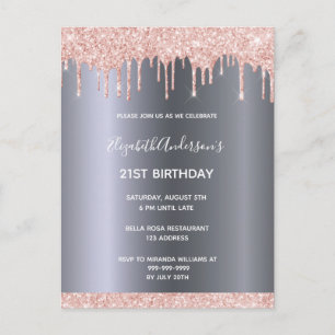 21st birthday rose gold glitter drips invitation postkarte