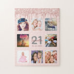 21st birthday rose gold pink glitter drips puzzle<br><div class="desc">Glamorous and unique 21st birthday gift or keepsake,  celebrating her life with a leime of 8 of your fotos. Personalize and add a name,  Alter 21 und Datum. Gray and dark rose gold colored letters. Elegant and trendy blush pink background color. Decorated with rose gold colored Glitter Drips.</div>