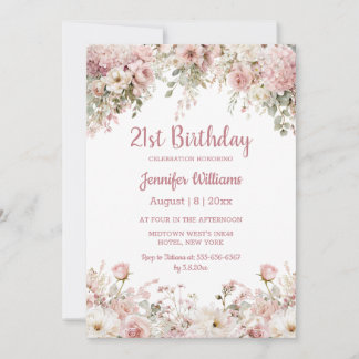  21st birthday watercolor pink floral garden chic einladung