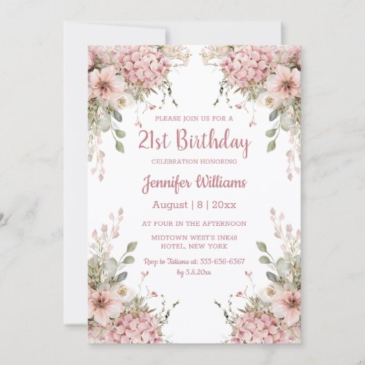 21st birthday watercolor pink floral garden einladung (Vorderseite)