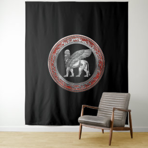 [220] Assyrian Winged Lion - Silver Lamassu Wandteppich