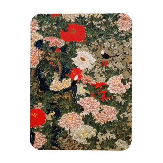 22. 牡 丹 小 図, 若 冲 Peonies & Small Birds, Jakuchū Magnet (Vertikal)