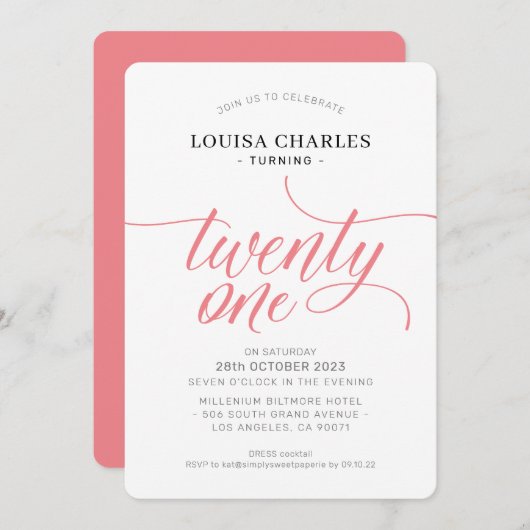 22-1 Geburtstag elegante Drehkreuz-Koralle Invi Einladung (Vorne/Hinten)