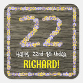 22. Geburtstag: Blumennummer, Imitate Holzbild, Na Quadratischer Aufkleber (Vorderseite)