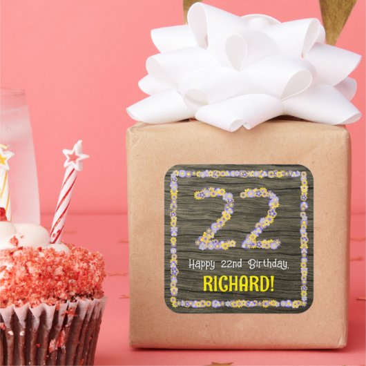 22. Geburtstag: Blumennummer, Imitate Holzbild, Na Quadratischer Aufkleber (Party)