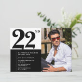 22. Geburtstag Einladungen Foto Schwarz/Weiß (Stehend Vorderseite)