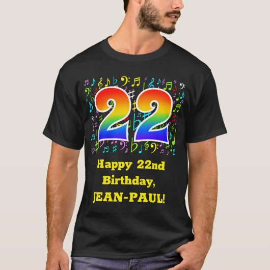 22. Geburtstag: Farbige Musiksymbole, Regenbogen 2 T-Shirt (Vorderseite)