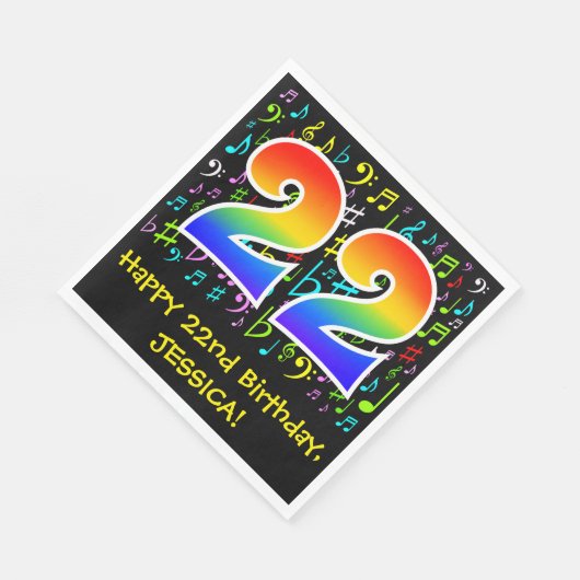 22. Geburtstag - Farbige Musiksymbole, Regenbogen Serviette (Ecke)