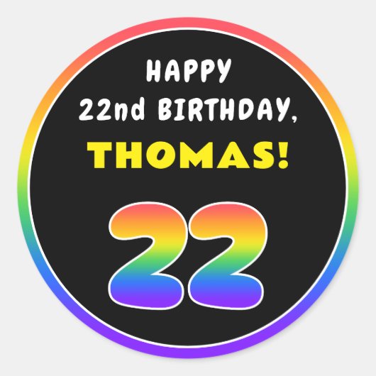 22. Geburtstag: Farbiger Regenbogen # 22, Individu Runder Aufkleber (Vorderseite)