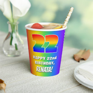 22. Geburtstag: Farbiges, lustiges Regenbogenmuste Pappbecher
