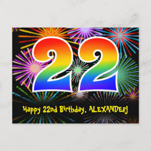22. Geburtstag - Fun Fireworks Pattern + Regenboge Postkarte