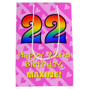 22. Geburtstag: Fun Pink Hearts Streifen; Regenbog Mittlere Geschenktüte